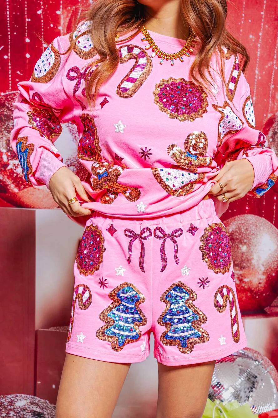 NEW BELLE CHER cookies sequin sweatshirt shorts set in light pink